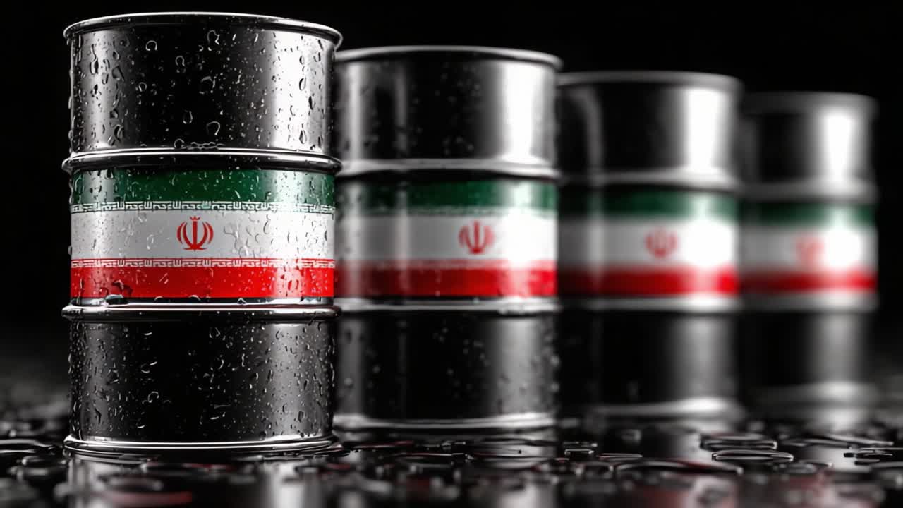 Eine Nahaufnahme von Ölfässern mit Farben und Aufschriften, die Feuchtigkeit in einer schwach beleuchteten Umgebung reflektieren und die Essenz industrieller Lagerung und Energieressourcen zeigen