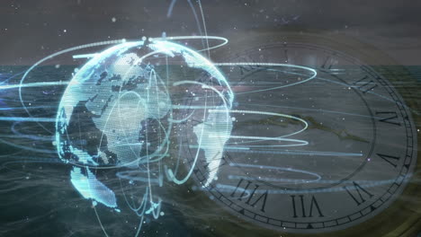 animation of rotating globe and network over clocks, on night sky background