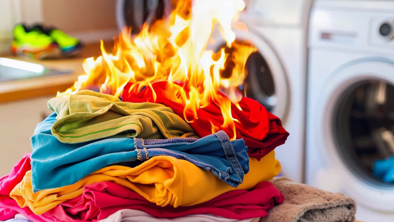 una pila de ropa en llamas delante de una lavadora
