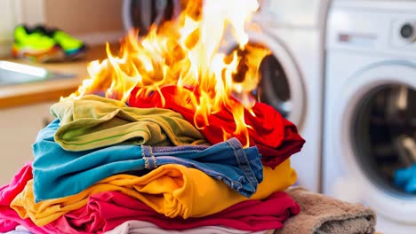 una pila de ropa en llamas delante de una lavadora