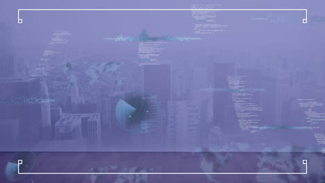 animación radar, mapas, ondas sonoras y lenguaje informático sobre la ciudad moderna en el fondo