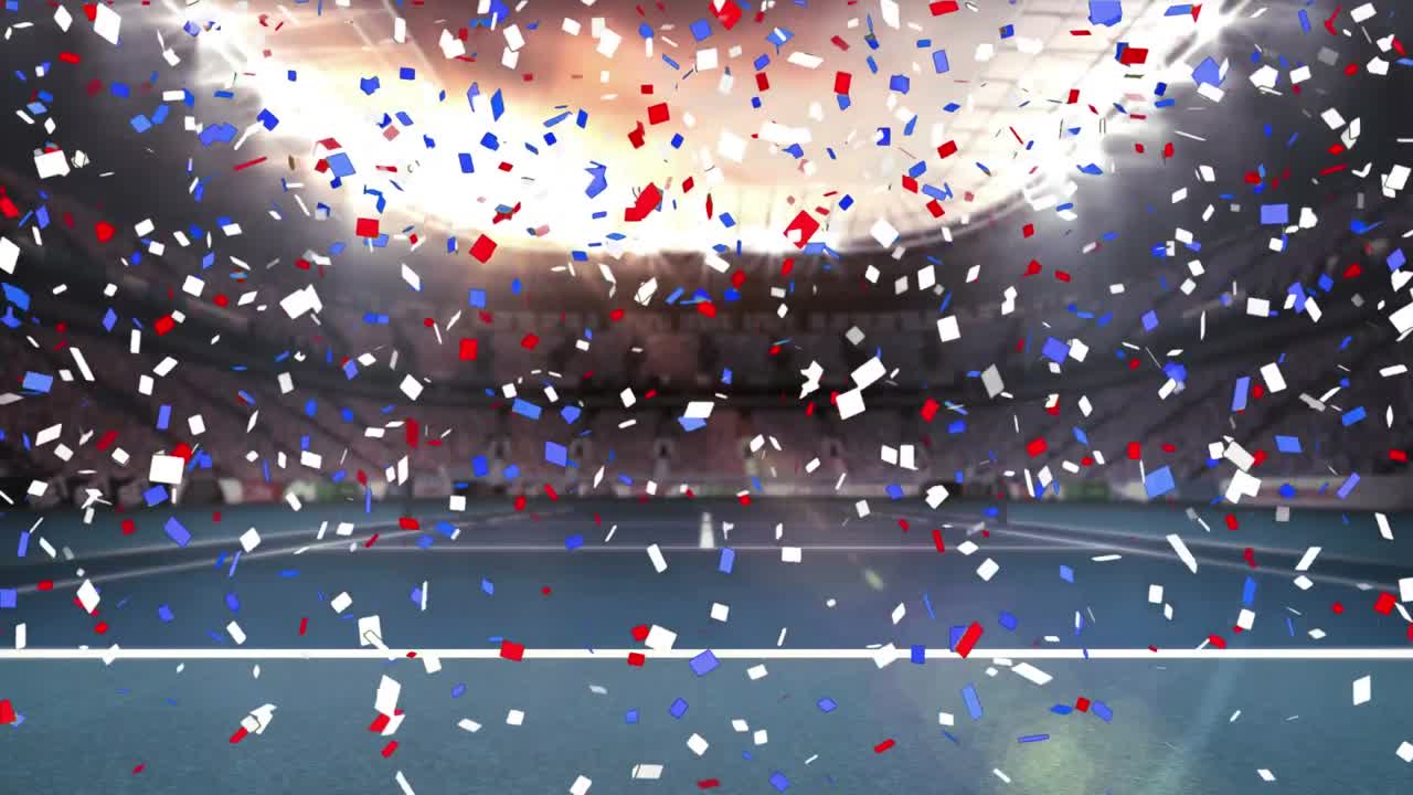 테니스 코트 위에 떨어지는 콘페티의 애니메이션