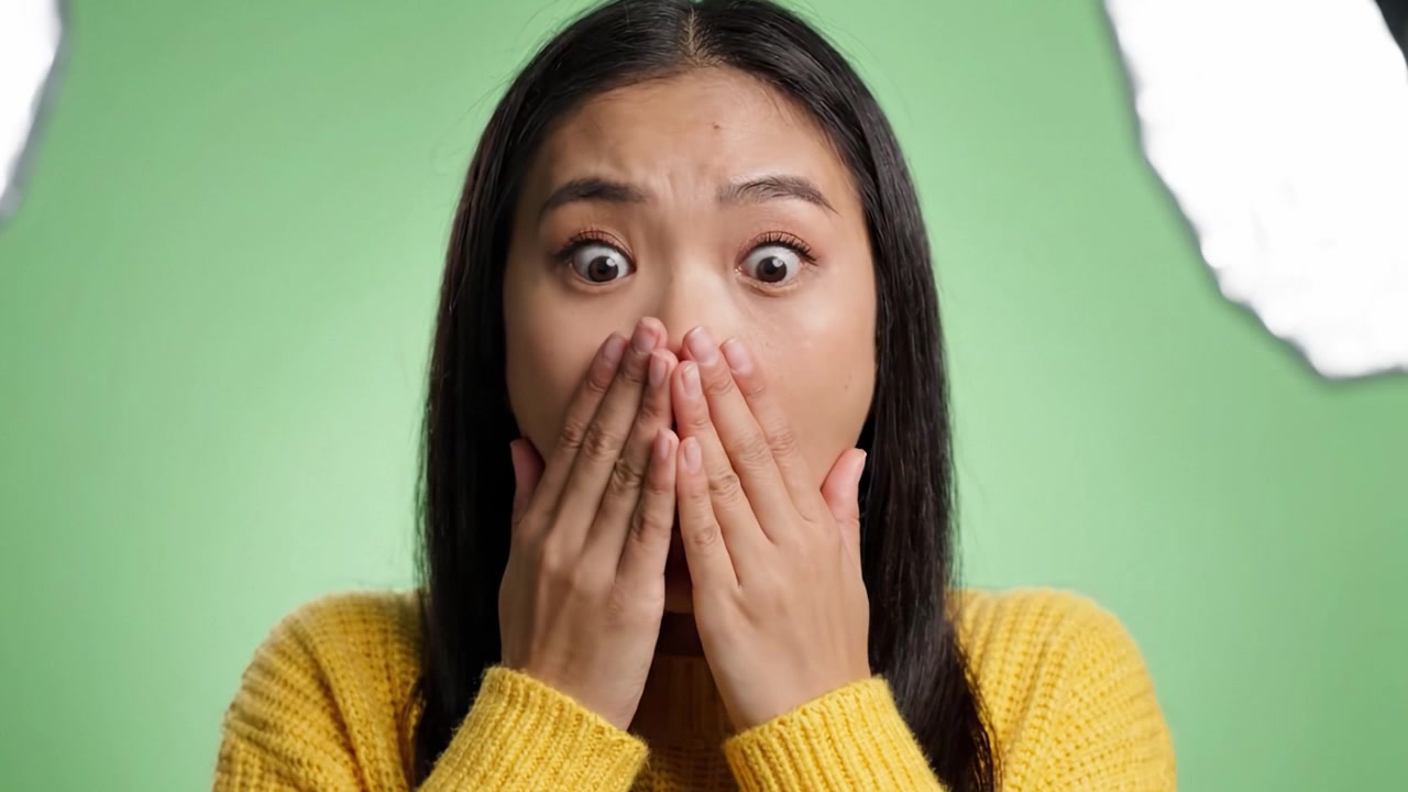 A Woman Expresses Shock and Surprise in a Vibrant Yellow Sweater Against a Bright Green Background – A Captivating Emotional Journey in Two Frames