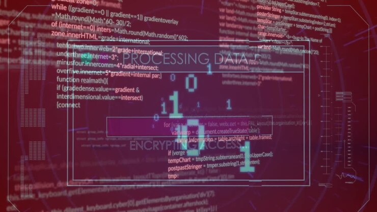 Animation of texts with loading bars over computer language and binary codes on abstract background