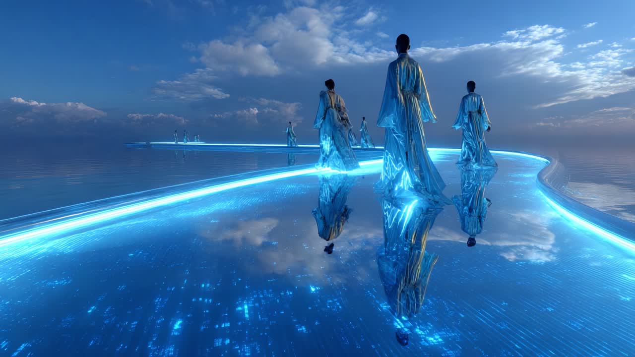 In an ethereal landscape, figures clad in luminescent robes traverse a futuristic pathway illuminated by blue light, reflecting a celestial ambiance against a serene sky and tranquil waters