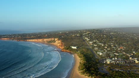 AERIAL-ORBITAL-Beautiful-Morning-Over-Seaside-Village,-Anglesea-Australia