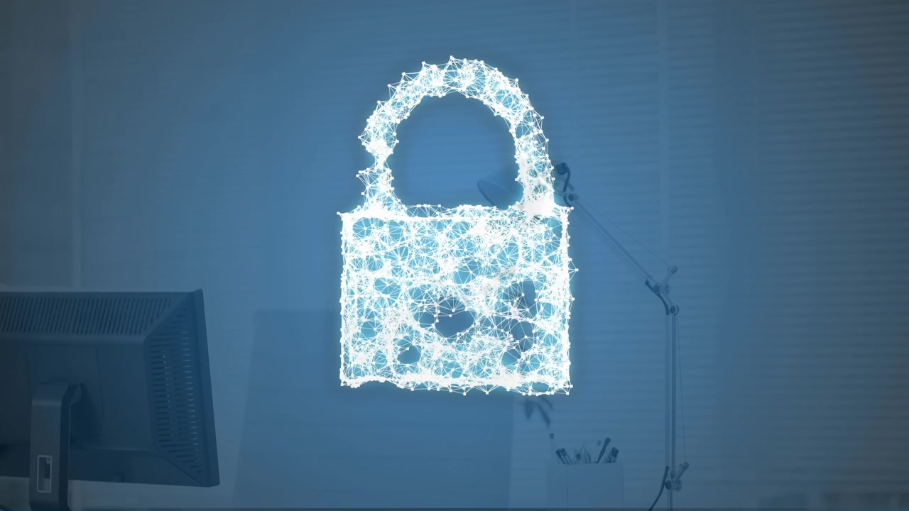 Animazione di un lucchetto digitale su computer in ufficio