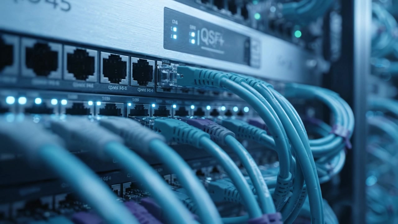 Advanced Data Center Networking with High-Performance Cables in a Modern Server Room, Showcasing Efficient Connectivity and Robust Infrastructure Systems