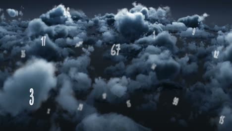 animation of multiple numbers floating over dark clouds in the sky