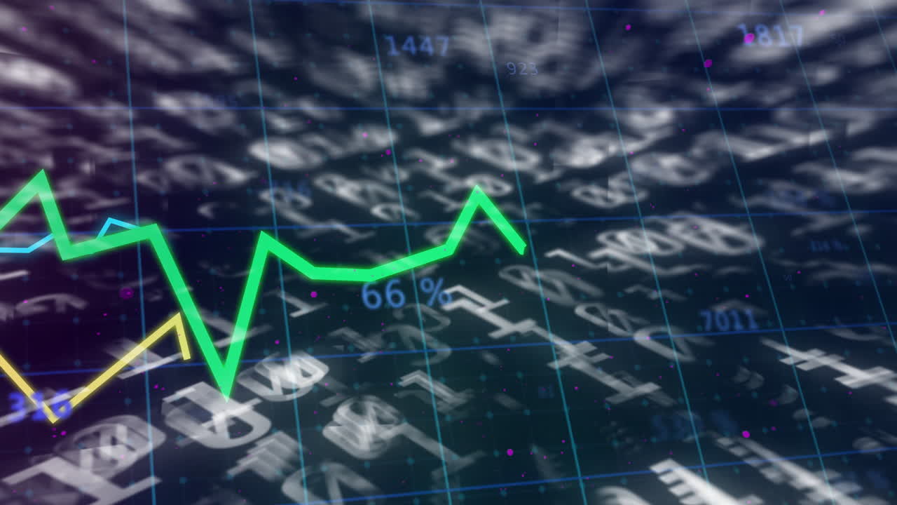 Animation of green zigzag line with currency symbols and percentages on digital grid