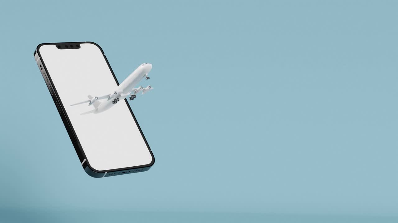 avión que volaba sobre un smartphone de fondo azul con espacio para copiar