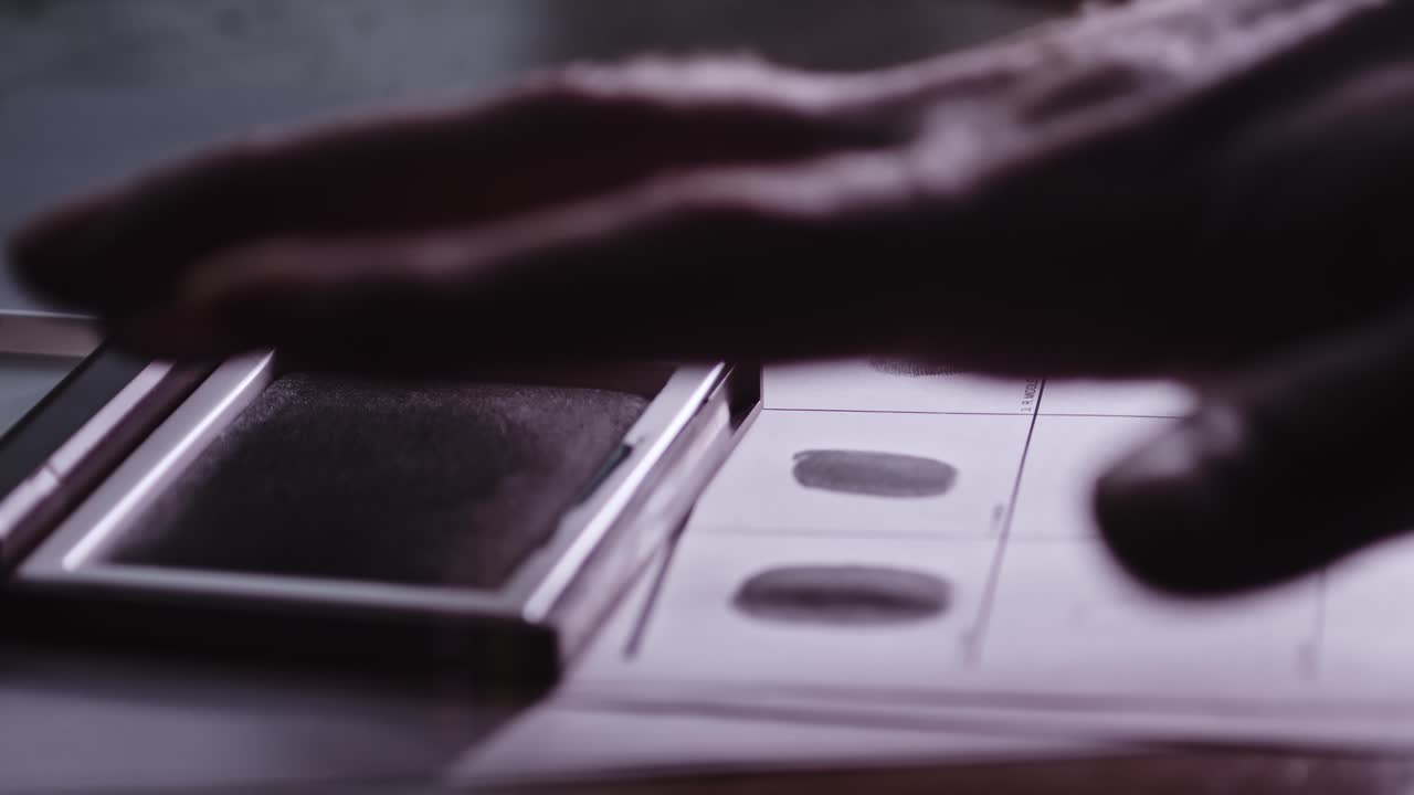 Person daubs individual ink fingerprint impressions onto forensic card