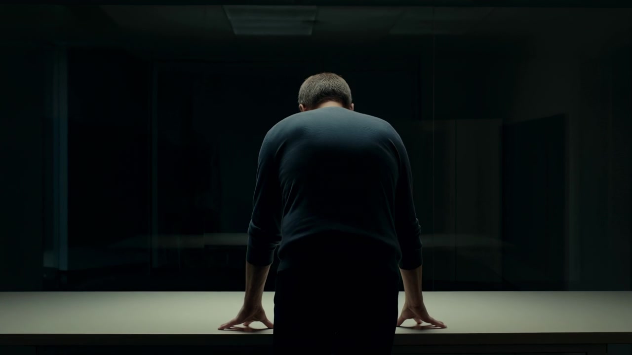 a man stands and looks down in a dark room with reflective surfaces, creating a mysterious and contemplative mood. The neutral perspective and slightly low angle highlight the business, pro.
