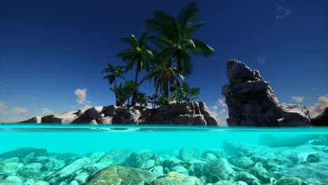 split view cross section of sea water and palm trees on island