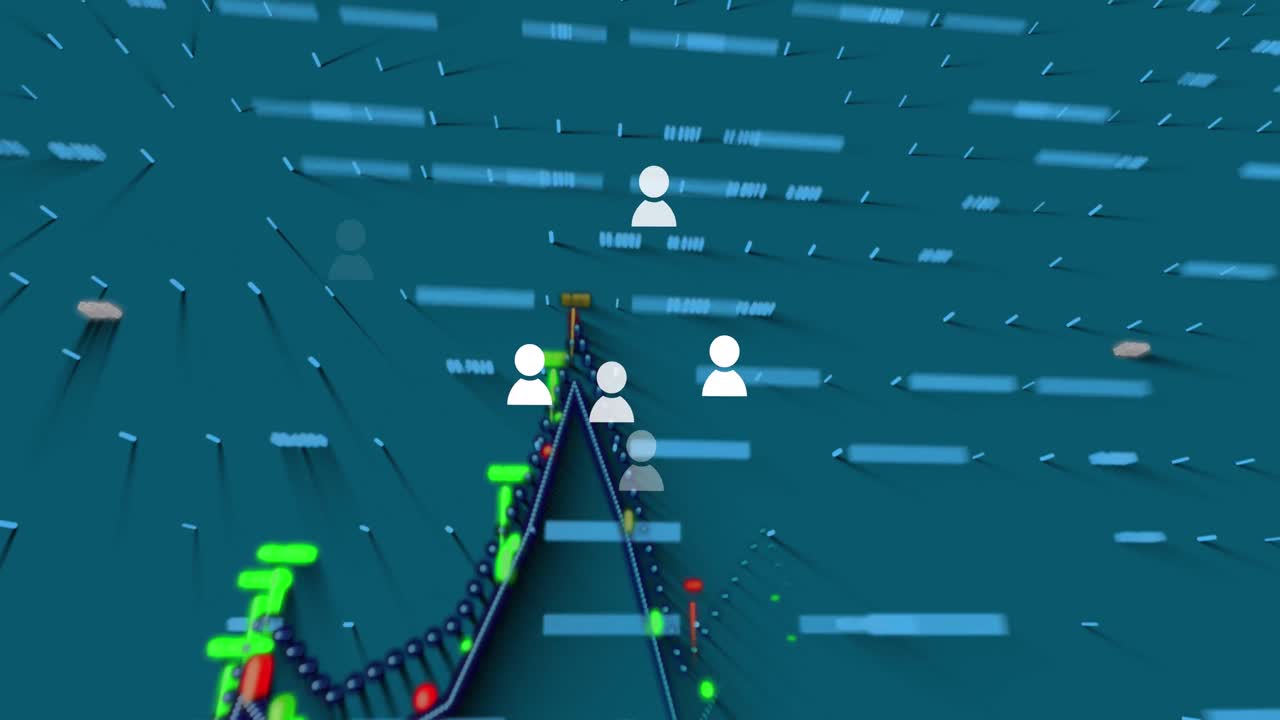 파란색 배경에 다양한 데이터 처리 및 반점에 대한 시계의 애니메이션