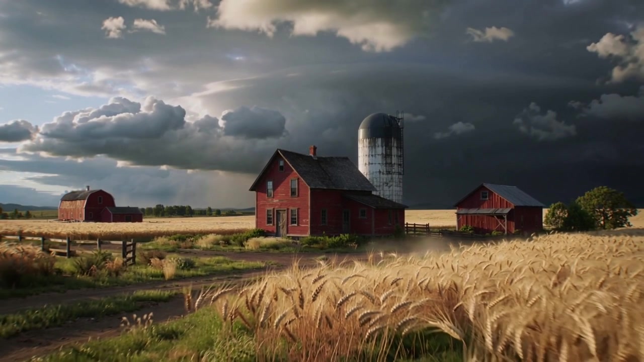 Bracing red farmhouse, silo, barns facing lowering storm clouds at farm, wheat swaying, lightning