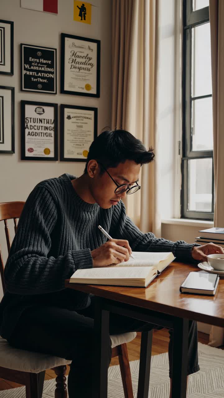En fokusert student studerer ved et skrivebord, omgitt av bøker, fanget i et varmt, naturlig lys