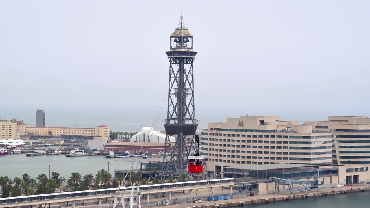 Aerial drone view of the The Port Vell Aerial Tramway in Barcelona, Catalonia, Spain