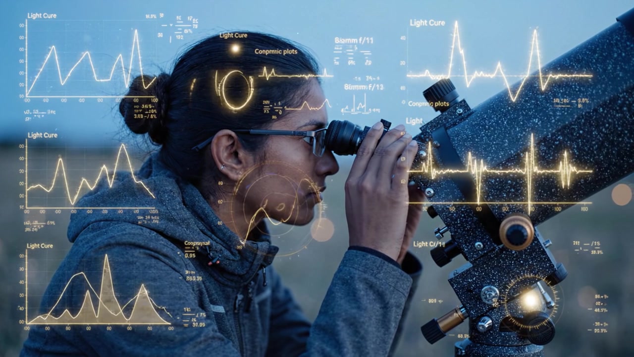 Astronomer Observing Celestial Bodies Through Telescope While Analyzing Data and Visualizations for Stellar Light Curves and Observational Metrics in Evening Sky