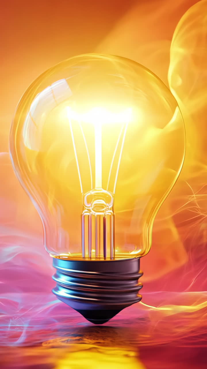 A light bulb is floating in a pool of water. The light bulb is lit up and the water is blue and purple