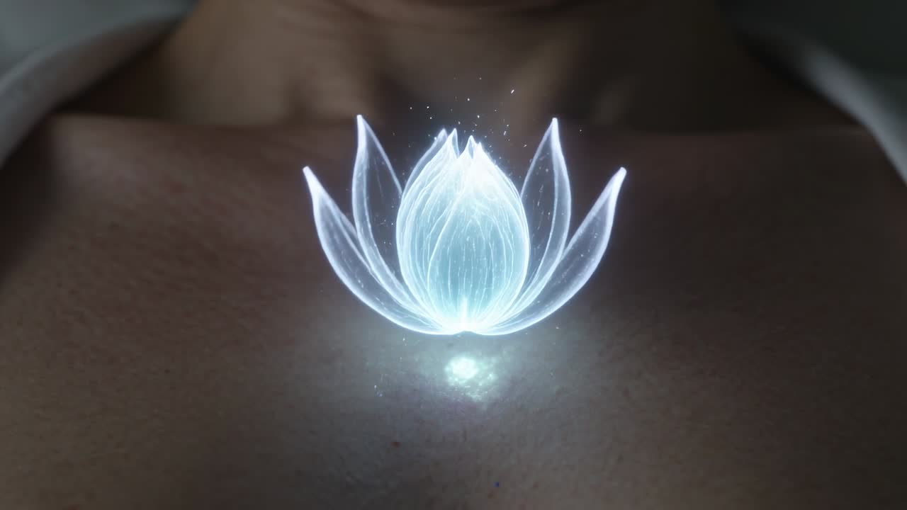 Persona sdraiata osserva una piccola luce che si alza dal petto e forma un loto luminoso, con un asciugamano bianco sul letto.