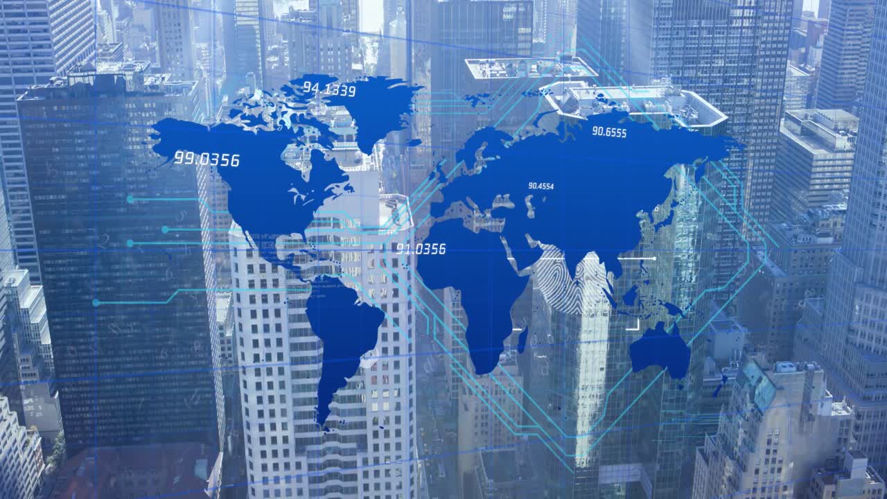 데이터 처리 및 도시 풍경에 대한 세계 지도의 애니메이션