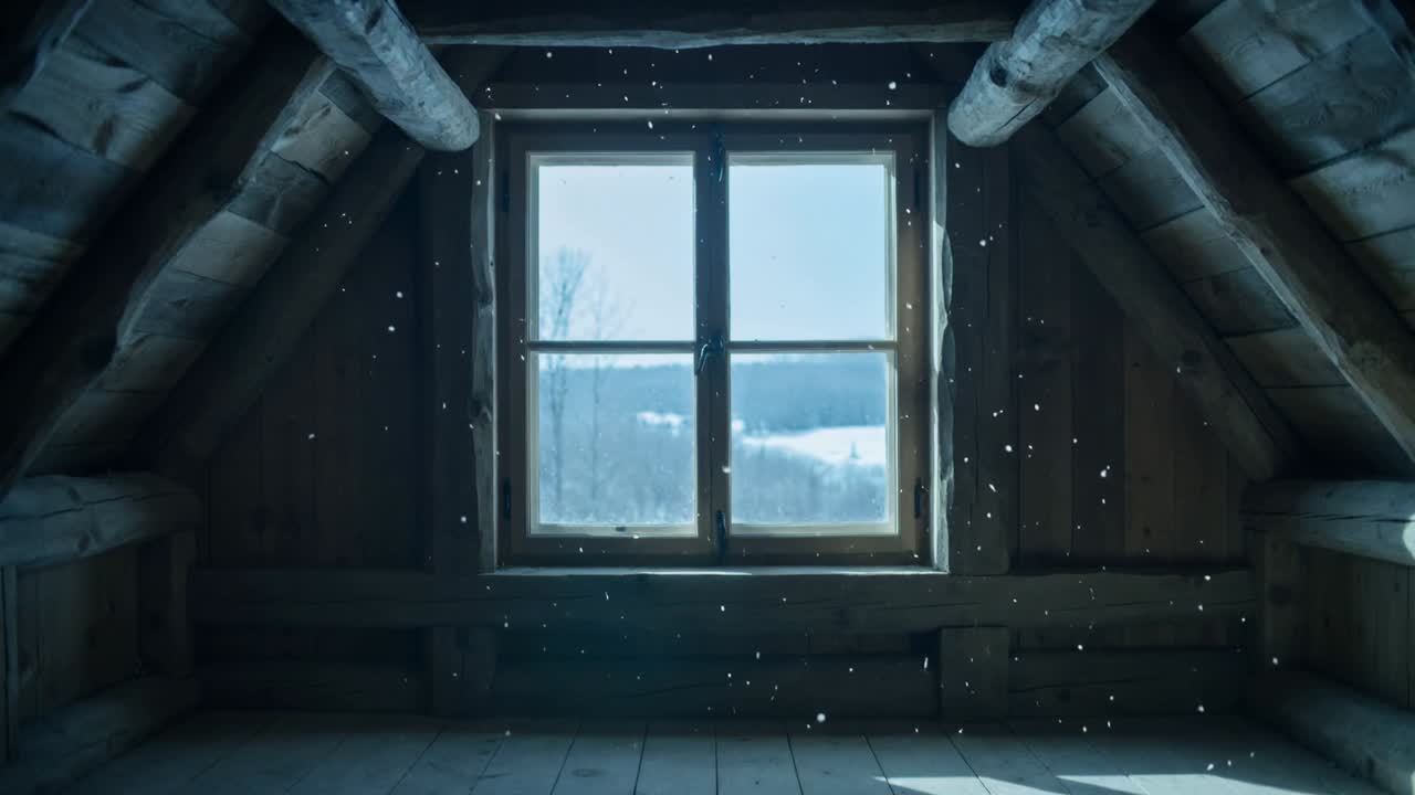 Floating dust drifting past centered four-pane wood window in cabin attic, prompted by cool draft