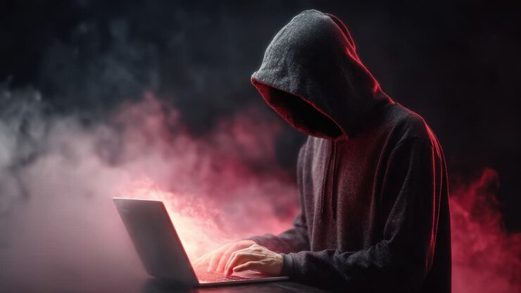 Mystisk person i hættetrøje er intenst fokuseret på en bærbar computer, omgivet af hvirvlende røg, der illustrerer temaer som cyberaktivitet og anonymitet i et digitalt miljø.
