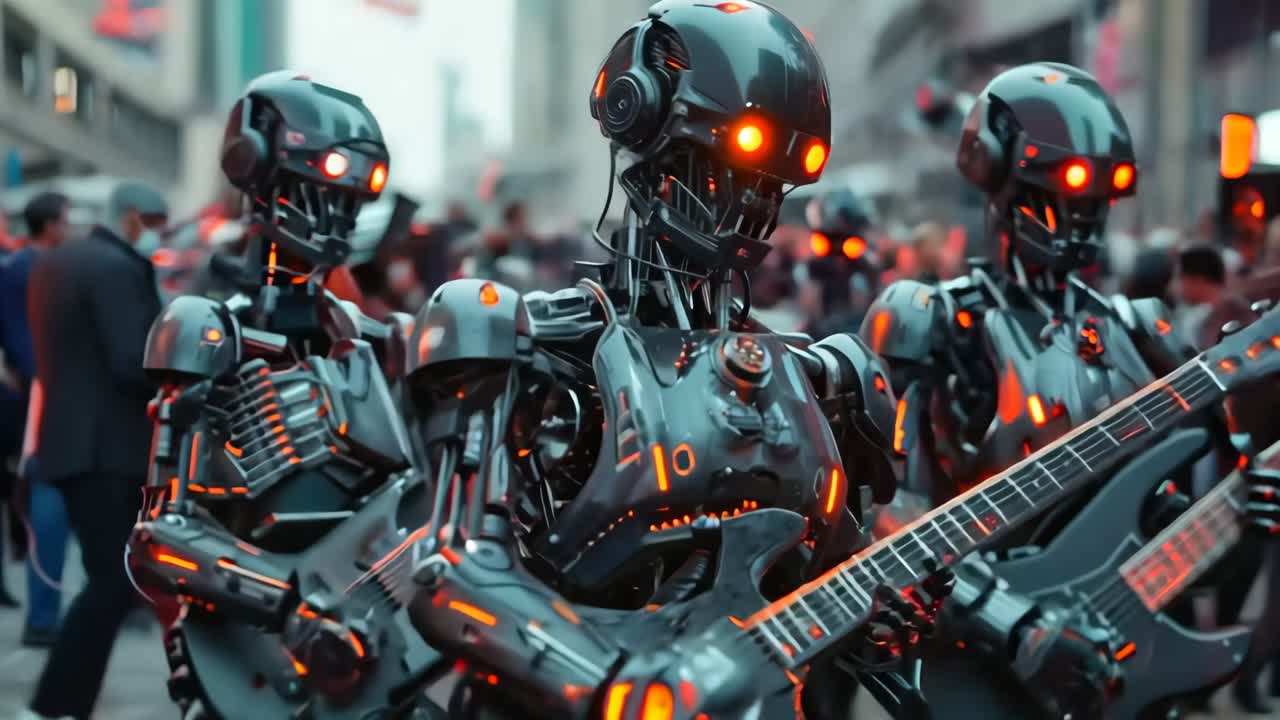 A group of robots playing guitars in a parade