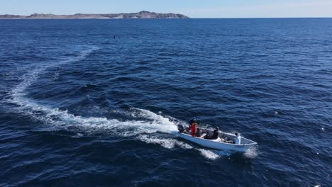 Das-Boot-Fährt-Im-Zickzack-Und-Rast-Inmitten-Von-Seevögeln-Durch-Das-Offene-Meer