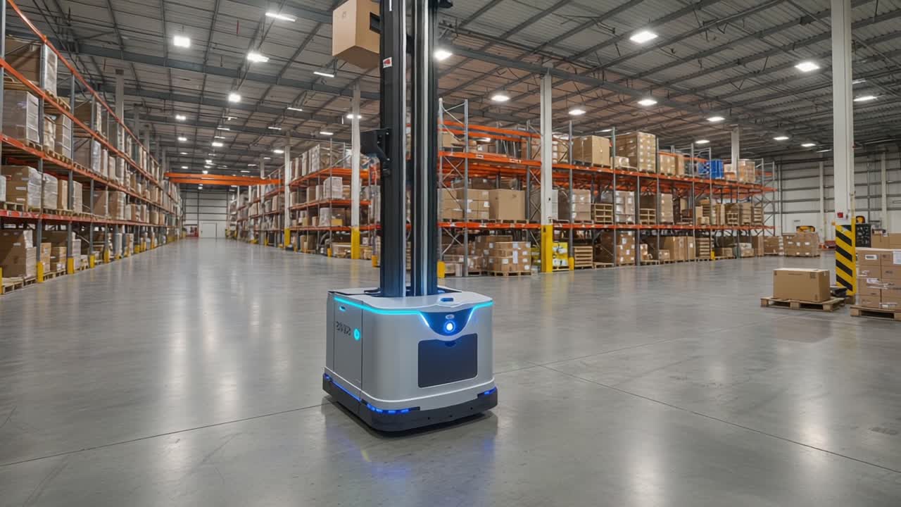 Autonomous Warehouse Robot Navigating Aisles Amidst Stacks of Boxes in a Modern Distribution Center for Efficient Inventory Management