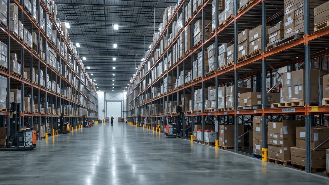Exiting roll-up door, warehouse workers moving down aisle for loading, with stocked pallet racking