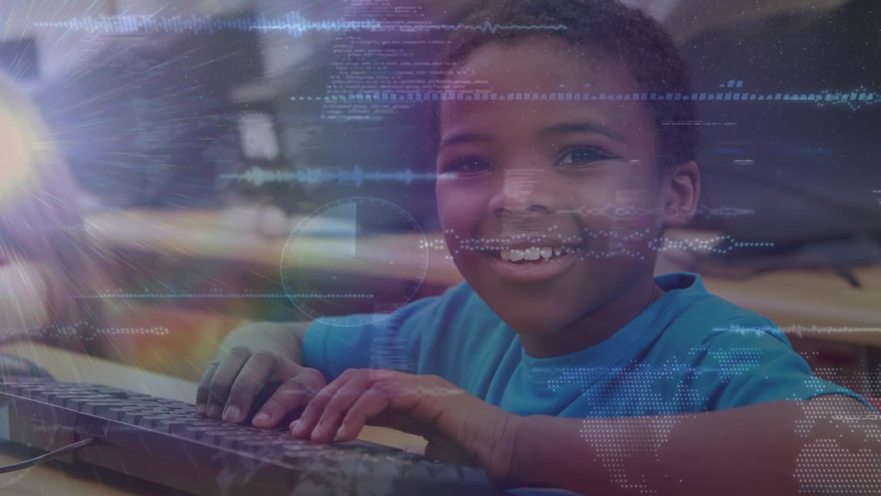 Animation of lights over happy african american boy using computer