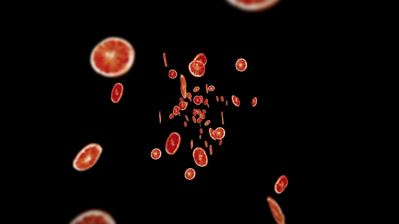 много сушеных апельсинов на черном фоне. обезвоженные фрукты, концепция еды. 3d-анимация нарезанных фруктов апельсины вращаются. цикл анимации.
