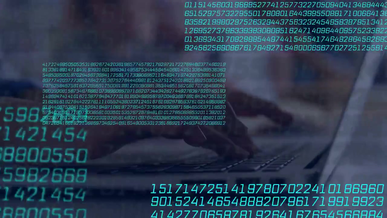 Students' hands typing on laptop, creating teal code blocks scrolling over keyboard for education