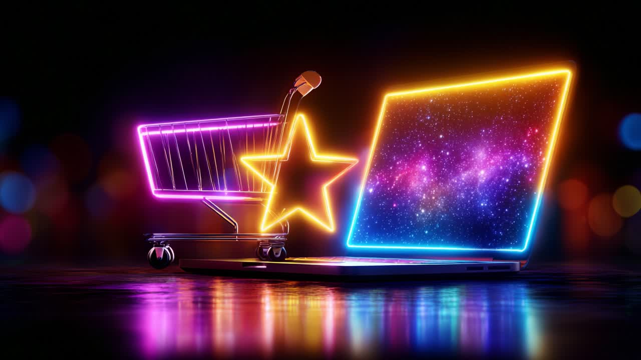 A Vivid Neon Scene Featuring a Shopping Cart and a Starry Laptop Display, Perfectly Capturing the Blend of Technology and E-Commerce in a Colorful Digital Era