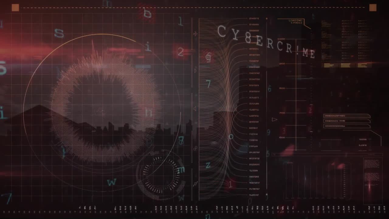 Animation of abstract pattern in circle with multiple texts and alphabets and loading bars