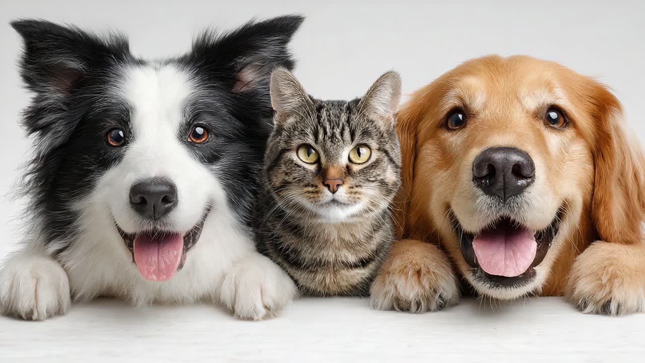 A Joyful Trio: A Playful Dog, Cat, and Golden Retriever Seated Together with Big Smiles, Capturing the Essence of Pet Friendship and Happiness