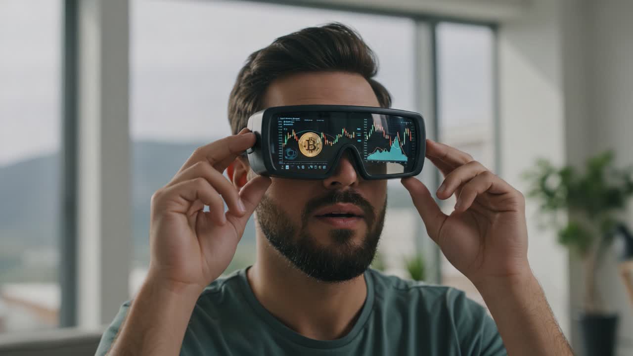 Exploring the Future: A Man Engaged with Augmented Reality Technology Using Smart Glasses to Analyze Digital Data