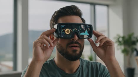 exploring the future: a man engaged with augmented reality technology using smart glasses to analyze digital data