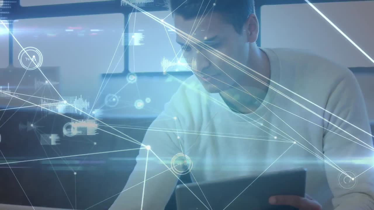 Network of connections and data processing against biracial man man using laptop and digital tablet