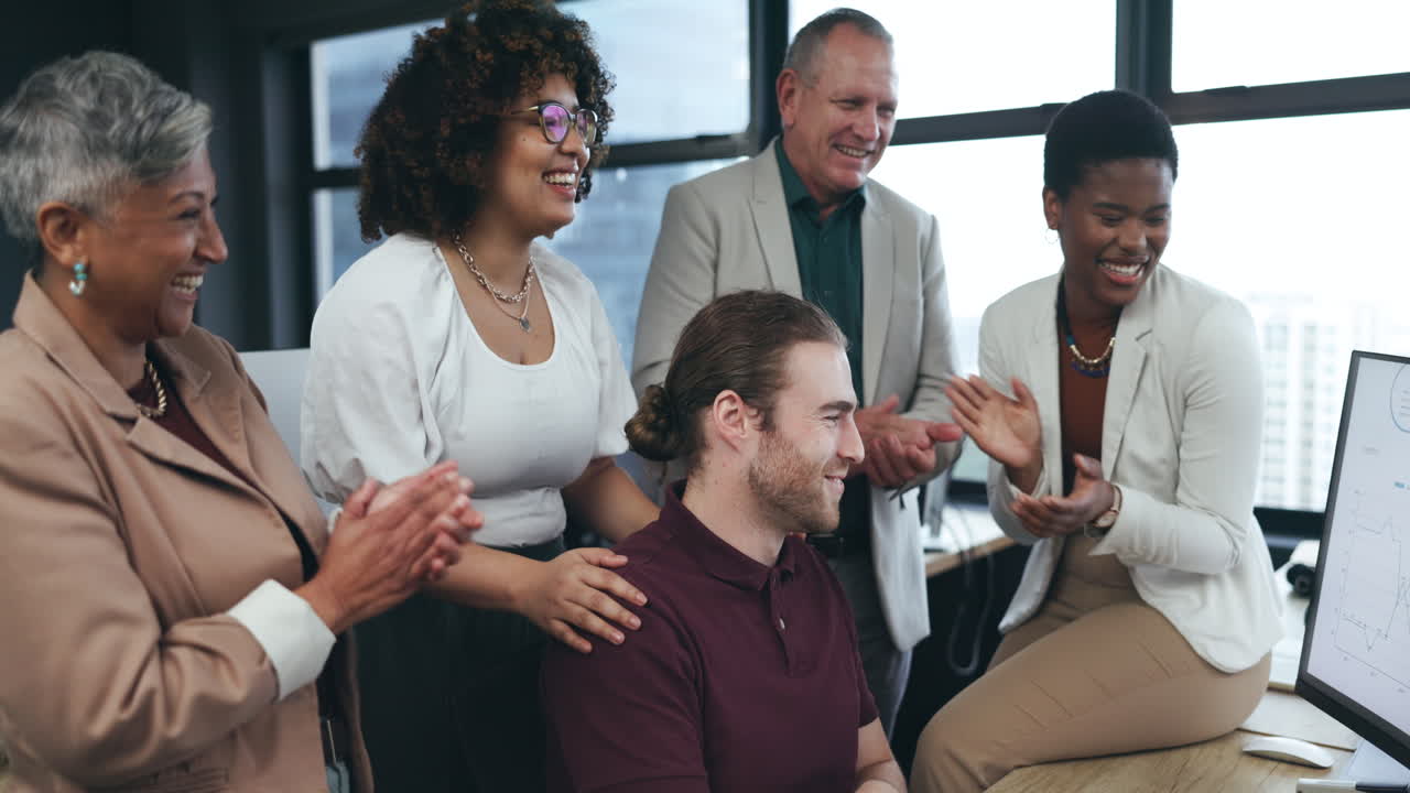Applause, success and business people on computer