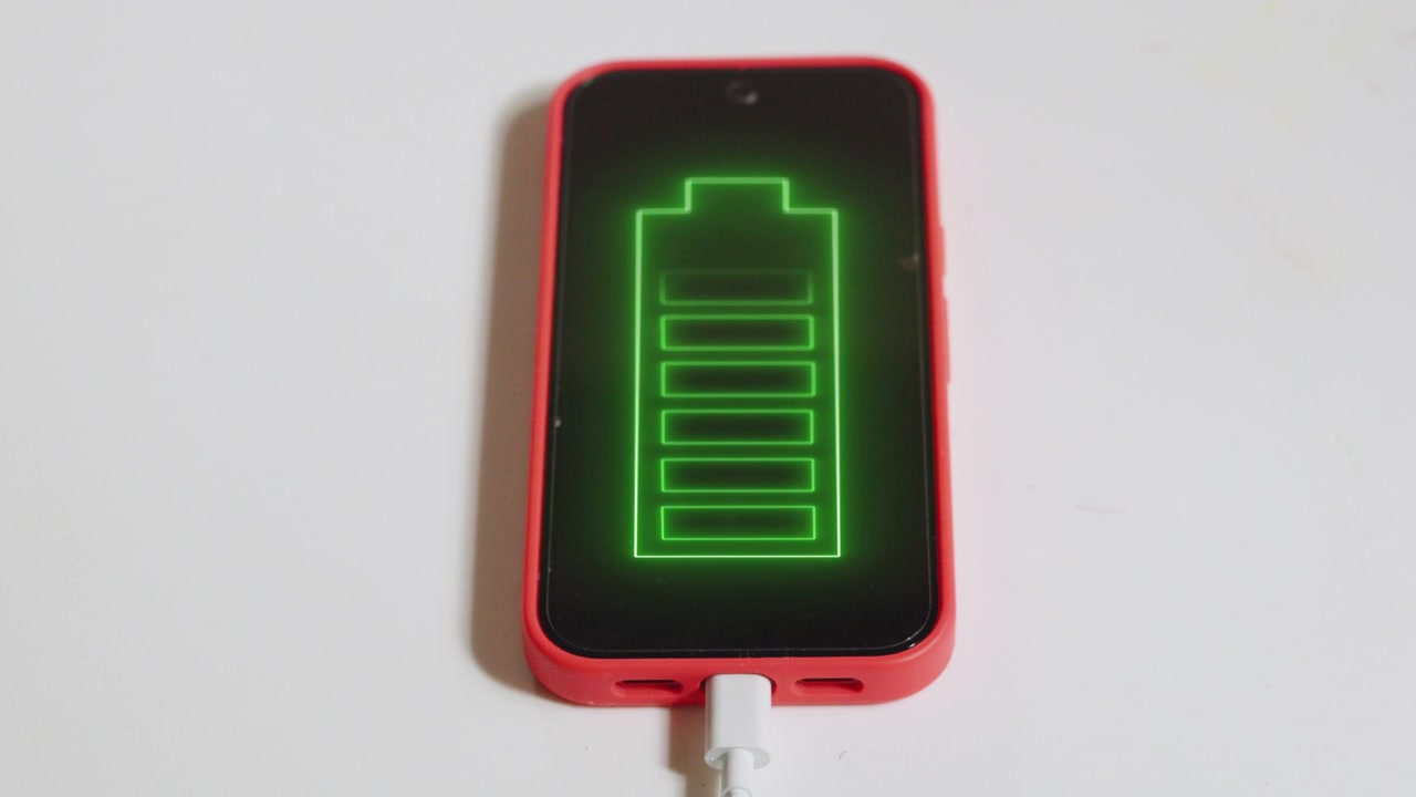Mano che inserisce il cavo del caricabatterie in uno smartphone moderno appoggiato su una scrivania bianca con un'icona della batteria verde luminosa. Perfetto per contenuti su tecnologia, produttività e stile di vita quotidiano. 4K