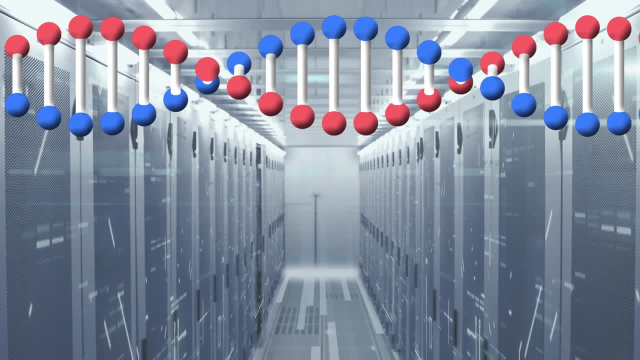 animación de la estructura de adn giratoria, senderos de luz y cuadrados de mosaico contra la sala de servidores de computadora