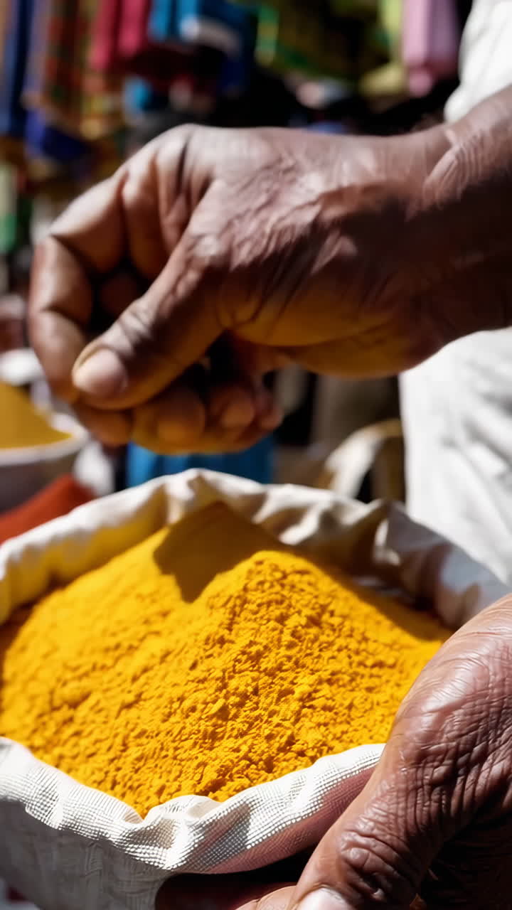 Hand picking spices in a vibrant market