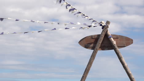 wooden sign with flags under cloudy sky