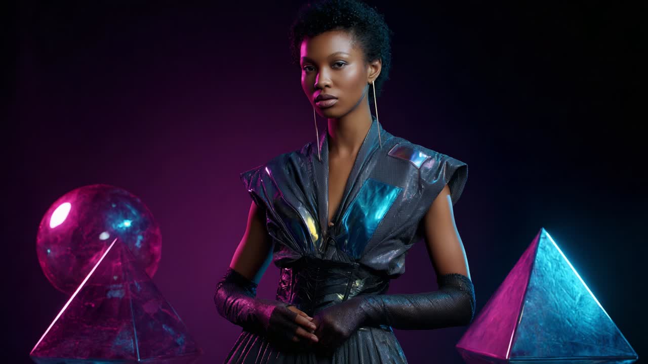 Uno straordinario ritratto di moda con una modella in un outfit futuristico circondata da forme geometriche e luci vivaci, che cattura l'essenza dello stile moderno e dell'espressione artistica