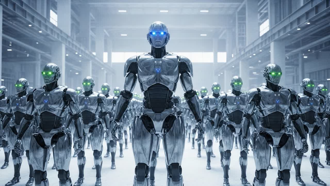 A Futuristic Assembly of Advanced Robots Showcasing Their Sleek Silver Design and Illuminated Features in a High-Tech Industrial Environment