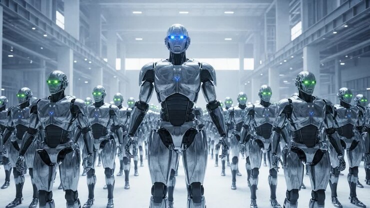 A Futuristic Assembly of Advanced Robots Showcasing Their Sleek Silver Design and Illuminated Features in a High-Tech Industrial Environment