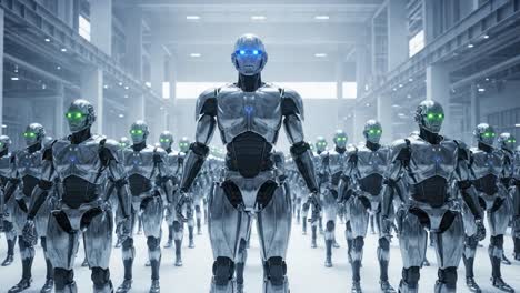 a futuristic assembly of advanced robots showcasing their sleek silver design and illuminated features in a high-tech industrial environment